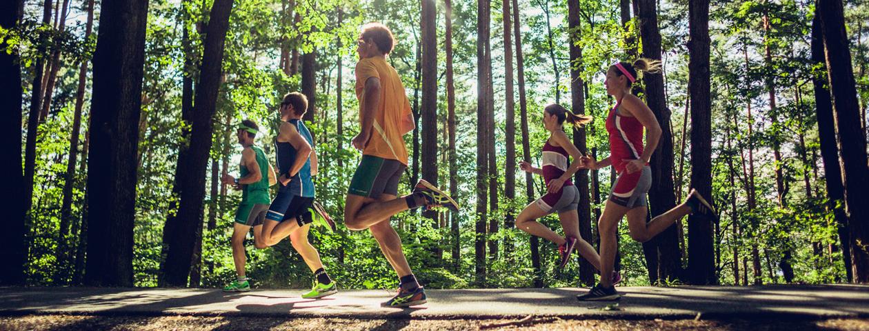 Een groep mensen loopt op een bosweg in kleurrijke sportkleding die past bij het natuurlijke omgeving.