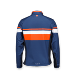 Back view of a blue, orange, and white ice hockey sportswear from owayo featuring an orange logo on the collar and the owayo logo at the lower back.