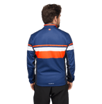 Back view of a man wearing a blue, orange, and white sportswear jacket from owayo, featuring an orange and white stripe across the back and the owayo logo at the bottom hem.