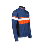 Side view of a blue, orange, and white training jacket by owayo with a striped pattern and zipper.