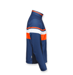 Side view of a blue, orange, and white sports jacket with a half-high collar and an orange collar trim.