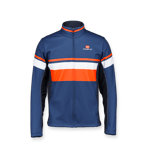 A blue, orange, and white ice hockey sportswear jacket by owayo with a zipper and a logo on the chest.