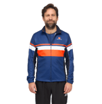 A man wears a blue, orange, and white owayo training jacket with an orange stripe and the owayo logo on the chest.