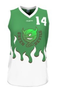 Ein Basketballtrikot mit dem Design 'Green Devils' und der Nummer 14 in grün.