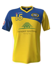 Ein gelbes und blau gestreiftes Fußballtrikot mit der Nummer 15, das von 'owayo' vertrieben wird. Das Trikot trägt Logos wie 'FSV' und 'Dunapack Spremberg Packaging'.