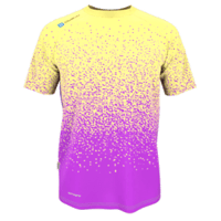 Ein selbstgestaltetes MTB-Trikot mit einem Farbverlauf von Gelb zu Lila und Punkten als Muster.