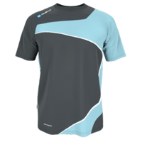 Ein selbstgestaltetes MTB-Trikot mit einem modernen Design in Grau und Hellblau von owayo.