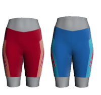 Zwei selbstgestaltete Damen Fahrradhosen in Rot und Blau.