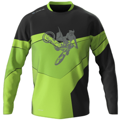 Trikot A green and black long-sleeved shirt with a design of a motorcyclist taking a turn on the road.