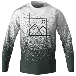 Trikot A long-sleeved jersey with an abstract mountain motif and a sun symbol on the chest. The jersey has a gray-white gradient from top to bottom.