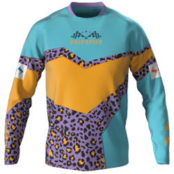 Trikot A colorful motocross jersey from owayo featuring a leopard print and the text 'RACE SPEED' on the chest area.