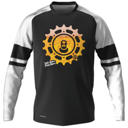 Trikot A black motocross jersey with a large yellow sprocket on the chest and the text 'Shift Gears, Drink Beers' below it. The sleeves are striped in white and black.