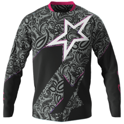 Trikot A motocross jersey with an eye-catching star pattern and floral designs in black, gray, and pink. The jersey is designed for the brand 'owayo'.