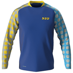 Trikot A blue jersey with yellow and blue polka dots on the sleeves offered by the brand 'owayo'.
