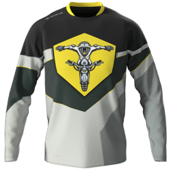 Trikot A motorcycle jersey with a yellow shield and a stylized motorcycle depiction in the center. The jersey has black, white, and green coloration.