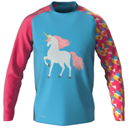 Trikot A blue-pink jersey with a white unicorn design on the chest and abstract patterns on the sleeves.