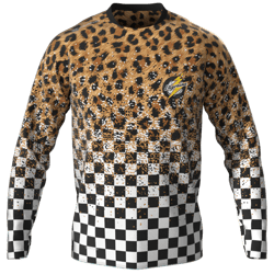 Trikot A motorcycle jersey featuring a leopard print and checkerboard pattern design.