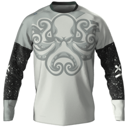Trikot A gray motocross jersey with a large, stylized octopus pattern in the center and glitter on the sleeves.