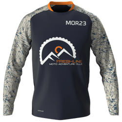 Trikot A jersey with the logo of the Freshline Moto Adventure Club featuring a motorcycle wheel and mountains, designed in gray and white tones with the text 'MOR23' on the chest.