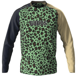 Trikot A green jersey with a leopard print pattern and the text 'BUBBS' on the chest.