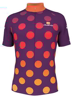 Ein lila Radtrikot mit orangefarbenen und roten Punkten, das von owayo angeboten wird.
