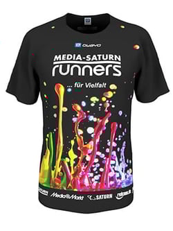 Ein schwarzes Laufshirt mit buntem Farbspritzer-Design und dem Text 'MEDIA-SATURN runners ... für Vielfalt' auf der Vorderseite.