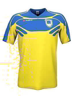 Ein gelb-blau gestaltetes Fußballtrikot mit kurzen Ärmeln, das von owayo angeboten wird.