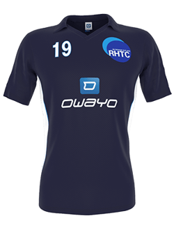 A dark blue tennis shirt with the number 19 on the sleeve and the logo of 'owayo' as well as 'RHTC'.