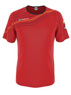 A red tennis shirt from owayo with yellow and blue stripes on the sleeves and chest.