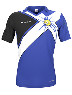 A blue-black tennis shirt with a smiling face and dynamic structure on the chest. The 'owayo' logo is visible.