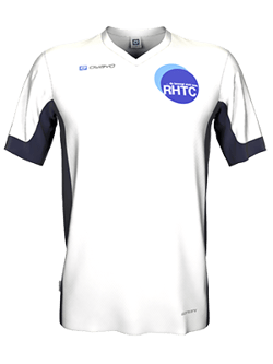 A white tennis shirt with blue accents and the logo 'RHTC' on the chest. The shirt features the branding of 'owayo'.