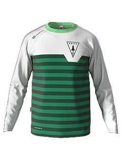 Ein grün-weiß gestreiftes Langarm-Shirt mit dem Logo von 'owayo' auf der Brust.