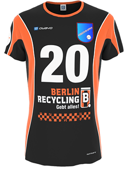 A black and orange jersey with the number 20, featuring a logo for Berlin Recycling and a slogan on it.