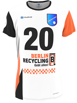 A white jersey with orange and black accents featuring the number 20. The jersey has a logo for 'Berlin Recycling'.