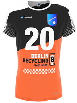 An orange soccer jersey with the text 'BERLIN RECYCLING' and slogan 'Give it all!' along with a blue emblem on the chest. The jersey features the number 20.