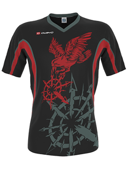 Ein schwarzes, kurzärmeliges Sporttrikot von owayo mit einem roten Adler und einem grauen, spinnennetzartigen Design auf der Vorderseite.