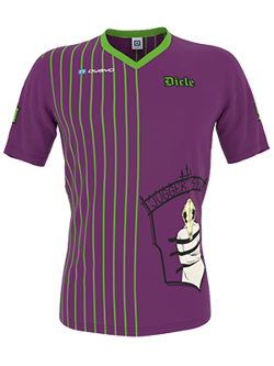 Ein lila Sporttrikot mit grünen Streifen, einem grünen Kragen und einem Cartoon-Charakter auf der Brust, das von owayo angefertigt wurde.