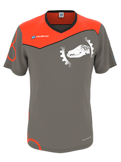 Ein graues, kurzärmeliges Sporttrikot mit orangefarbenen Schulter- und Ärmelakzenten, einem weißen Zahnrad- und Knochenmotiv auf der Brust und orangefarbenen Details an den Ärmeln und am Saum.