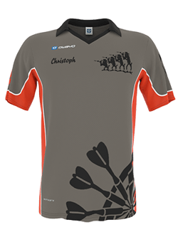 Ein graues, kurzärmeliges Sportshirt von owayo mit orangefarbenen Akzenten an den Ärmeln und einem Dart-Design auf der Vorderseite, auf dem der Name 'Christoph' steht.