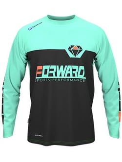 A long-sleeved sports shirt with the text 'FORWARD SPORTS PERFORMANCE' in black and turquoise. The shirt is designed for motocross sport.