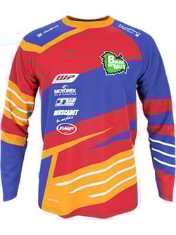 A colorful motocross jersey from owayo with stripes and logos.