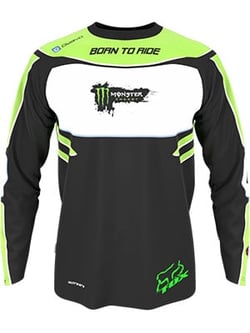 A black and green motocross jersey with the text 'Born to Ride' and a Monster Energy logo.