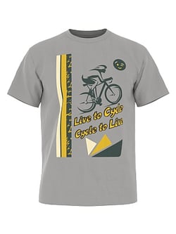 A gray t-shirt featuring a bicycle and text design that reads 'Live to Cycle, Cycle to Live'.
