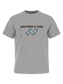 A gray t-shirt featuring the text 'BROTHERS & SONS' and a stylized bicycle chain logo with diagonal lines on the front.