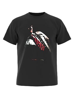 A black T-shirt featuring a graphic print of a person in a suit and red tie.