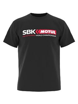 A black T-shirt featuring the 'SBK MOTUL' logo and the text 'FIM SUPERBIKE WORLD CHAMPIONSHIP' on the chest.
