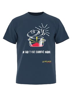 A dark blue t-shirt featuring a graphic design of a steaming pot, with the French text 'AU CARRÉ Y FAIT DANNÉE MARINE' and the 'LA RÉUNION' logo below.