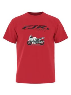 A red T-shirt featuring a motorcycle and a logo design.
