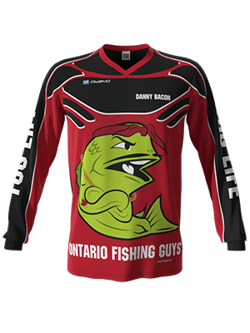 Una camiseta roja y negra con una mascota de pez para los 'Ontario Fishing Guys'.