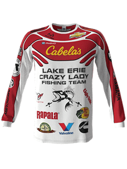 Una camiseta deportiva personalizada con el texto 'Lake Erie Crazy Lady Fishing Team' y los logos de Cabela's, Rapala y Valvoline.